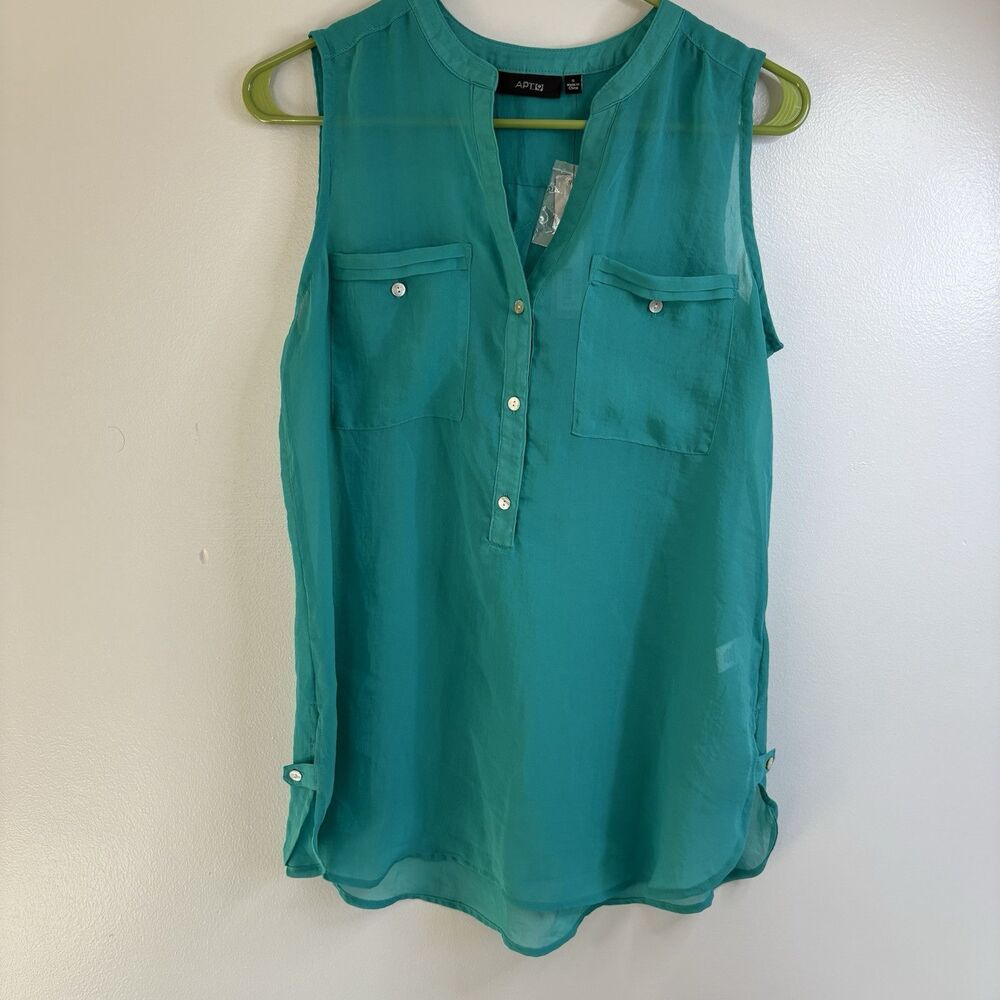 Apt 9 Womens Teal Sleeveless Chiffon Henley Blouse Top Size S Utility Pockets